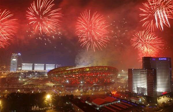 Fireworks light up Beijing during the closing ceremonies.
